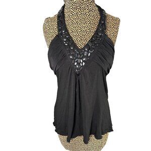 Y2K Black Babydoll Halter Beaded Fairy Whimsigoth Witchy Tank Top Medium